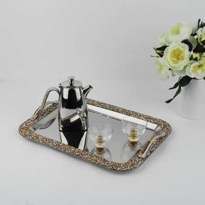 Charming vintage style party stainless steel food safety Rectangle tray serving marble tray with Crystal Diamond