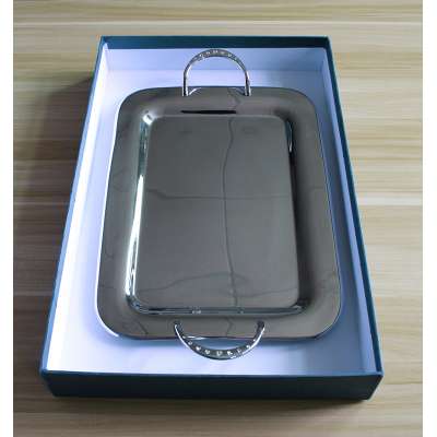 stainless steel serving tray/plate with crystal element s/s handle