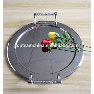 Stainless steel food safety round serving tray round plate with crystal diamond